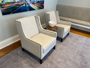 2 Custom Made Modern Grey Armchairs, Nailhead Trim