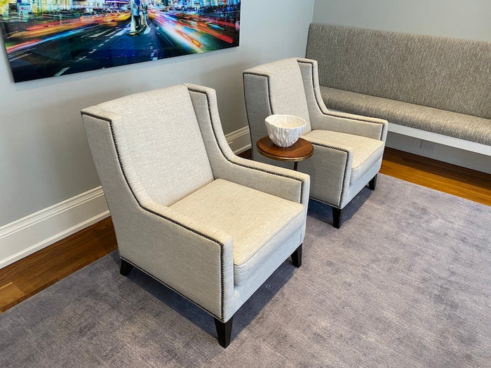 2 Custom Made Modern Grey Armchairs, Nailhead Trim
