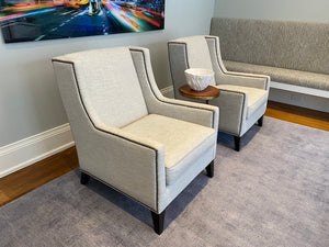 2 Custom Made Modern Grey Armchairs, Nailhead Trim