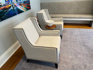 2 Custom Made Modern Grey Armchairs, Nailhead Trim