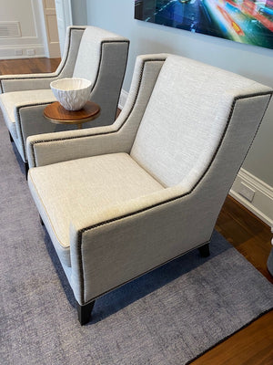 2 Custom Made Modern Grey Armchairs, Nailhead Trim