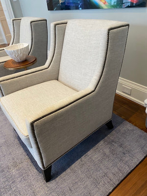 2 Custom Made Modern Grey Armchairs, Nailhead Trim