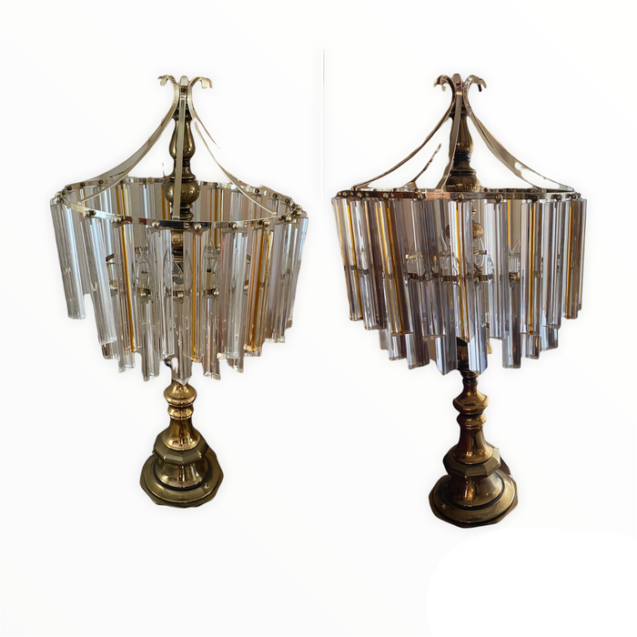 Pair of Vintage Brass Table Lamps with Crystal Hanging Pendants