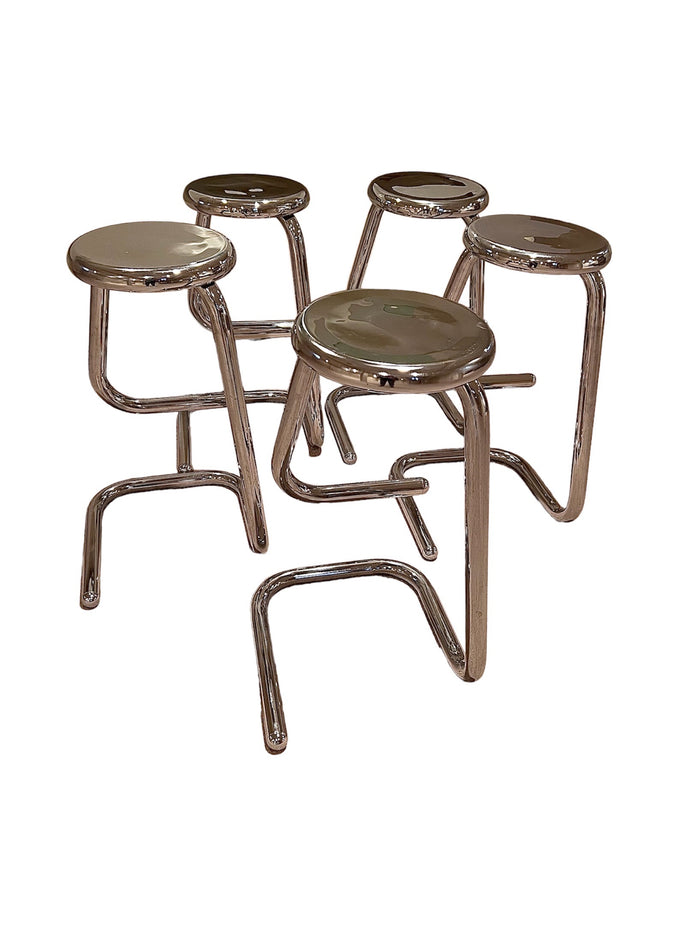 Set of 5 Mid Century Modern Chrome K700 Paperclip Tubular Bar Stools by Kinetics