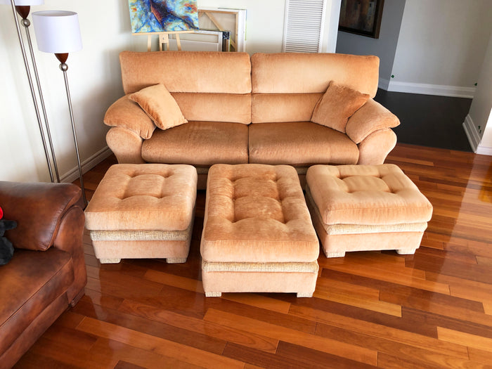 Light Red Upholstered Sofa + Ottoman + 2 Footstools